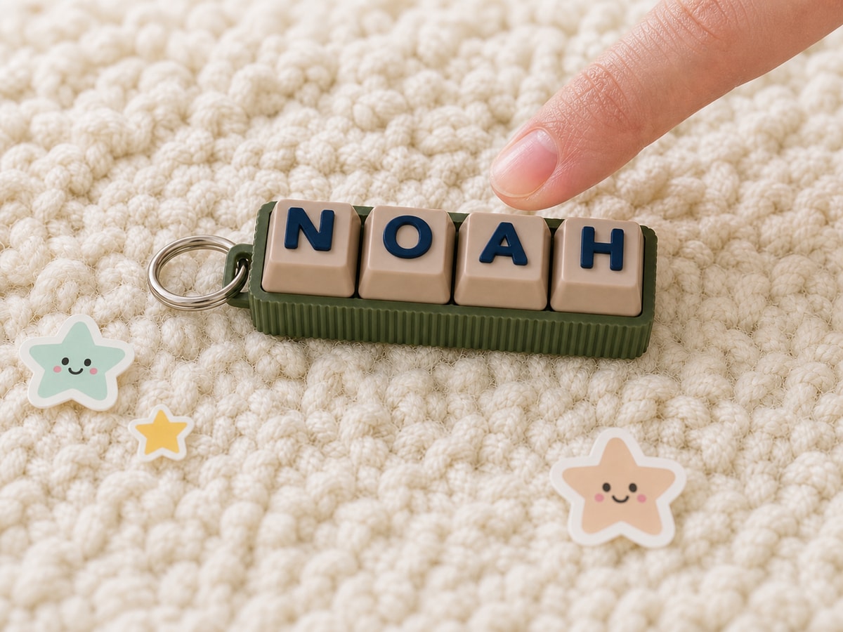 A dark green and latte personalised clicker spelling NOAH in a tactile-themed scene.