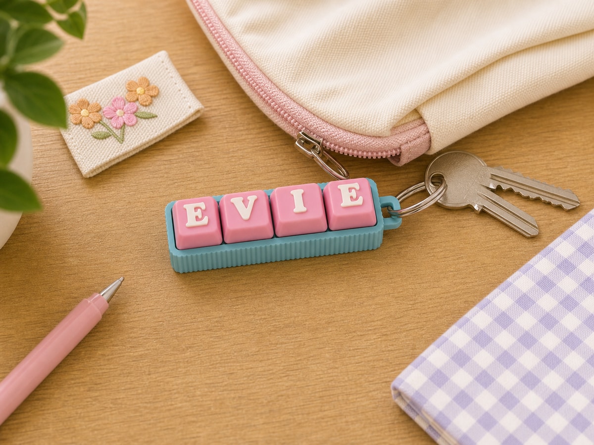 An ice blue and pink personalised clicker spelling EVIE in an easy-carry themed scene.