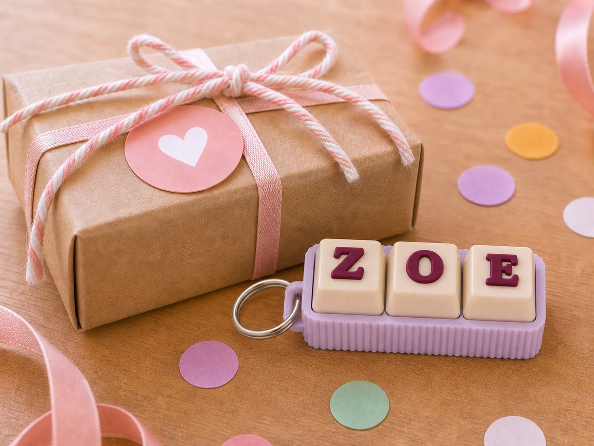 A lavender and ivory personalised clicker spelling ZOE in a gift-themed scene.