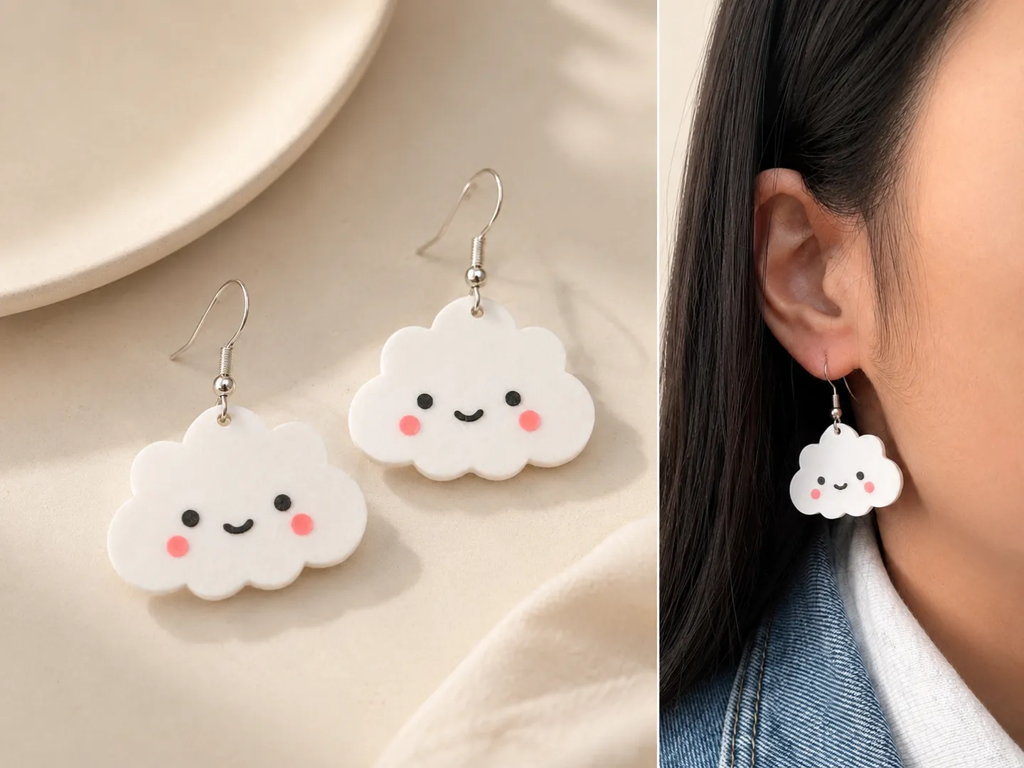 Kawaii cloud earrings shown flat and worn