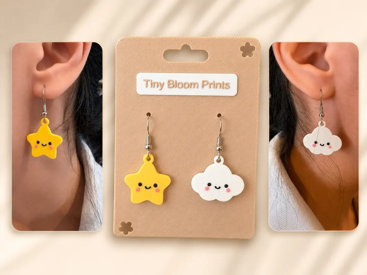Mix and match cloud and star earrings on a Tiny Bloom Prints display card