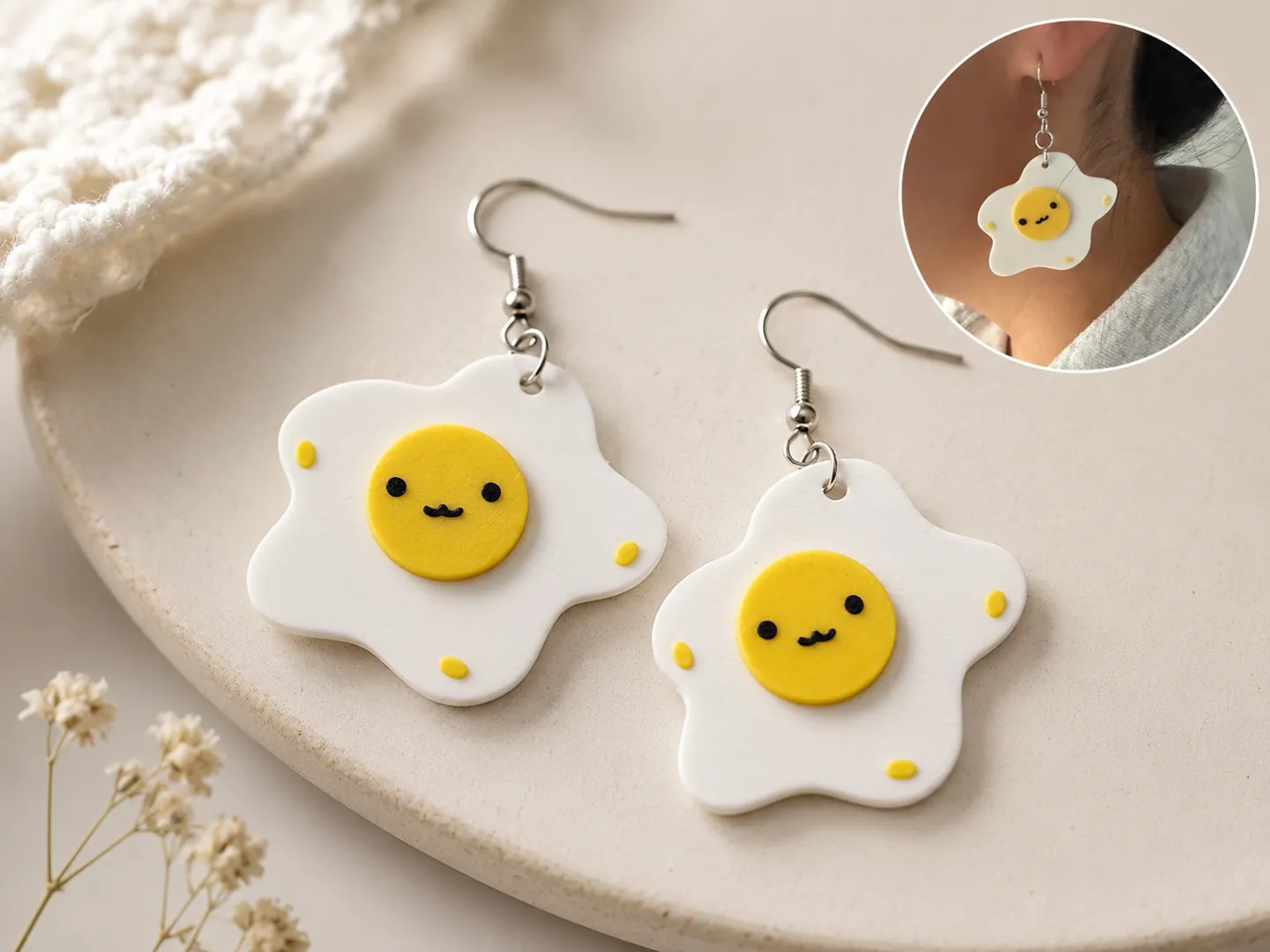 Kawaii fried egg earrings shown flat and worn